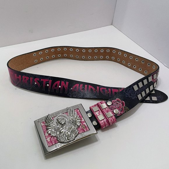 Christian Audigier City of Angels Madonna Buckle Los Angeles Studded Floral Belt - Picture 2 of 10